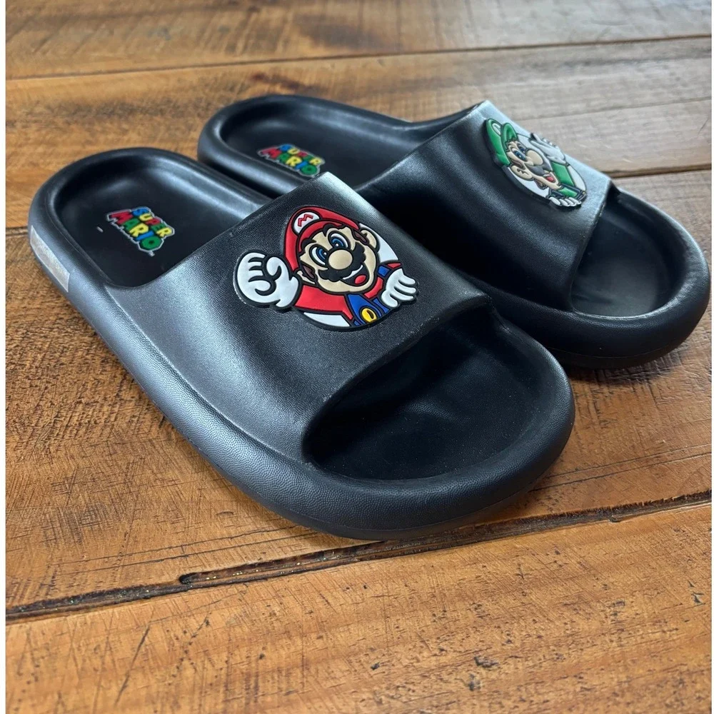 Super Mario Nintendo Mario and Luigi Mens‎ Black Slides Sandals Size 9